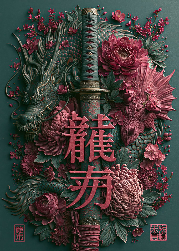 Dragon and Katana Floral Art