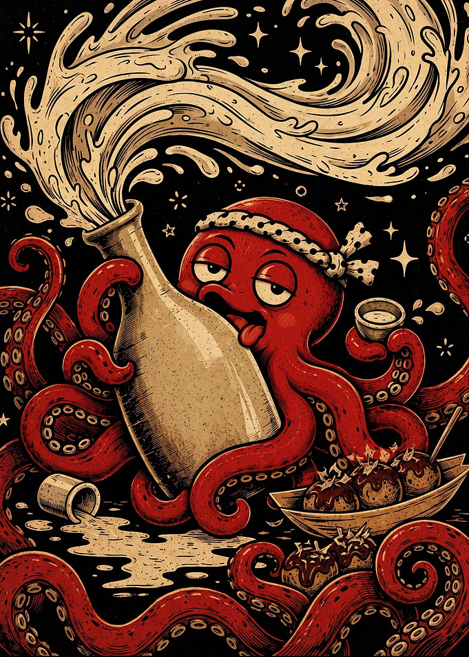 Red Octopus Enjoying Sake and Takoyaki
