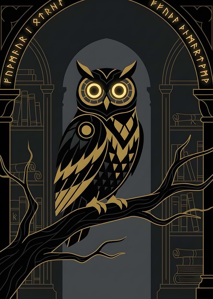 Mystical Owl in Ancient Library
