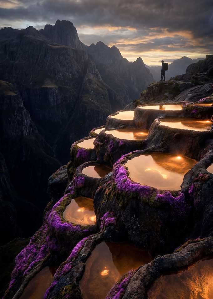 Hiker at Sunset Above Mountain Pools