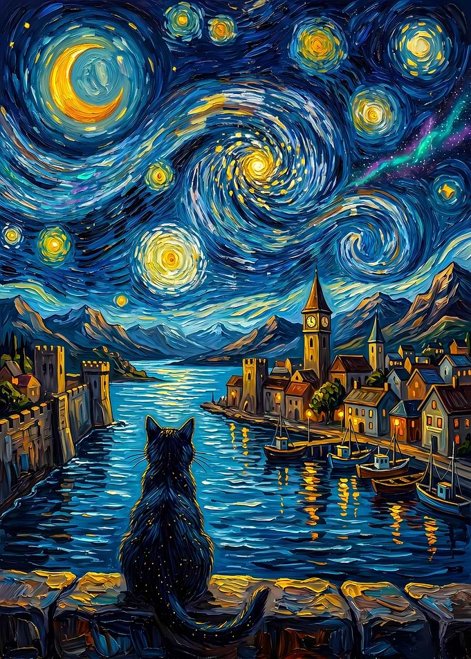 Cat Watching Starry Night Harbor