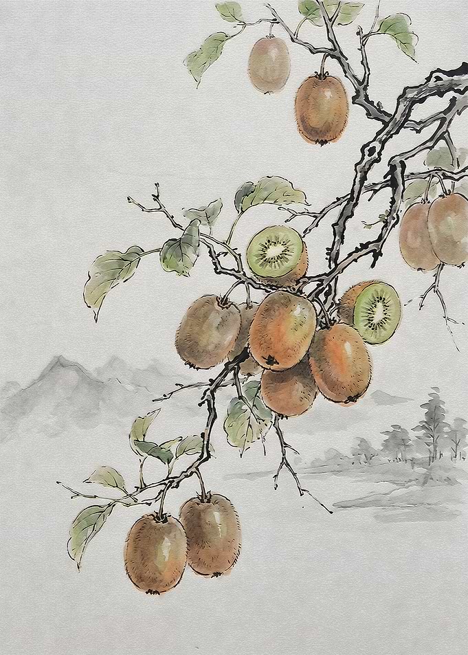 Traditional Ink Wash Painting of Kiwis