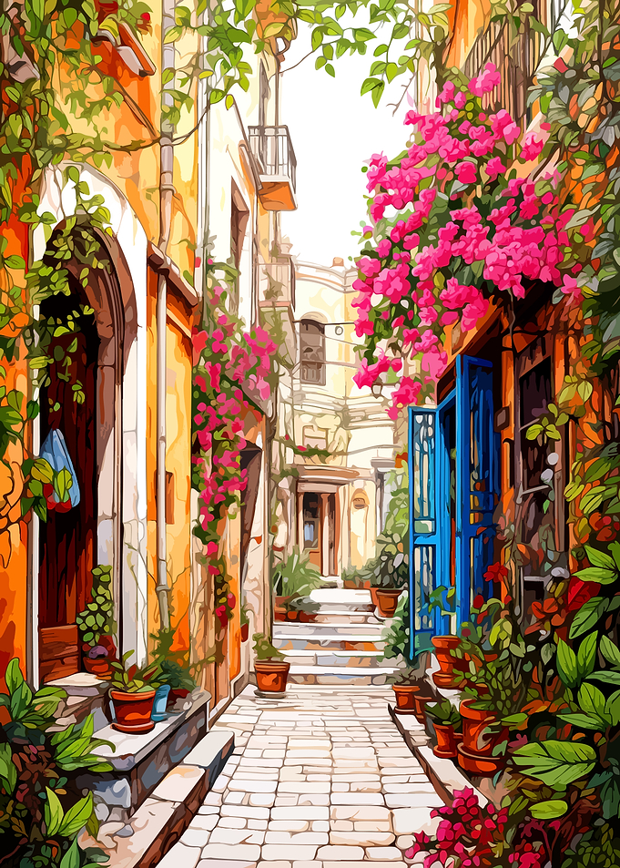 Mediterranean Street Scene with Bougainvillea