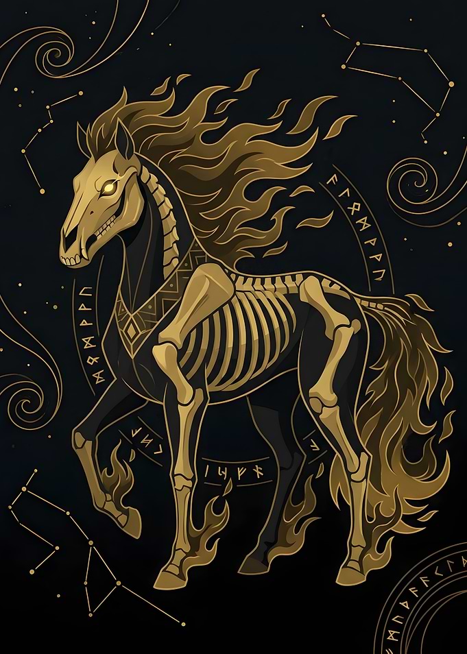 Golden Skeletal Fire Horse Illustration