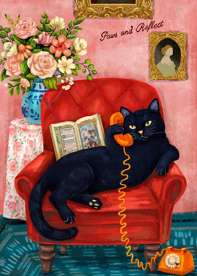 Black Cat Talking on Vintage Phone