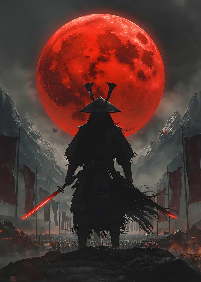 Samurai Standing Under Blood Moon