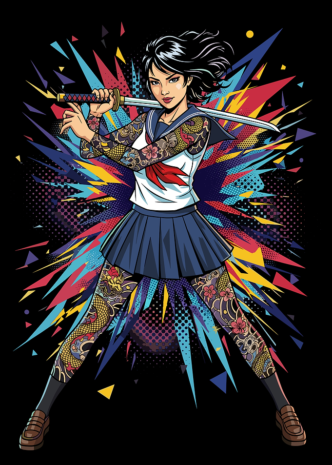Tattooed Schoolgirl Samurai Warrior