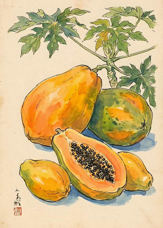 Watercolor Painting of Fresh Papayas