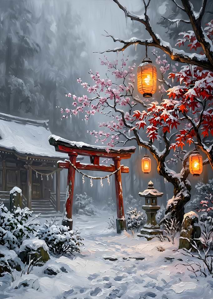 Snowy Japanese Temple with Torii Gate