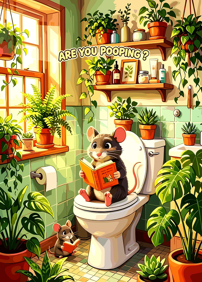 Cute Mouse Reading on Toilet