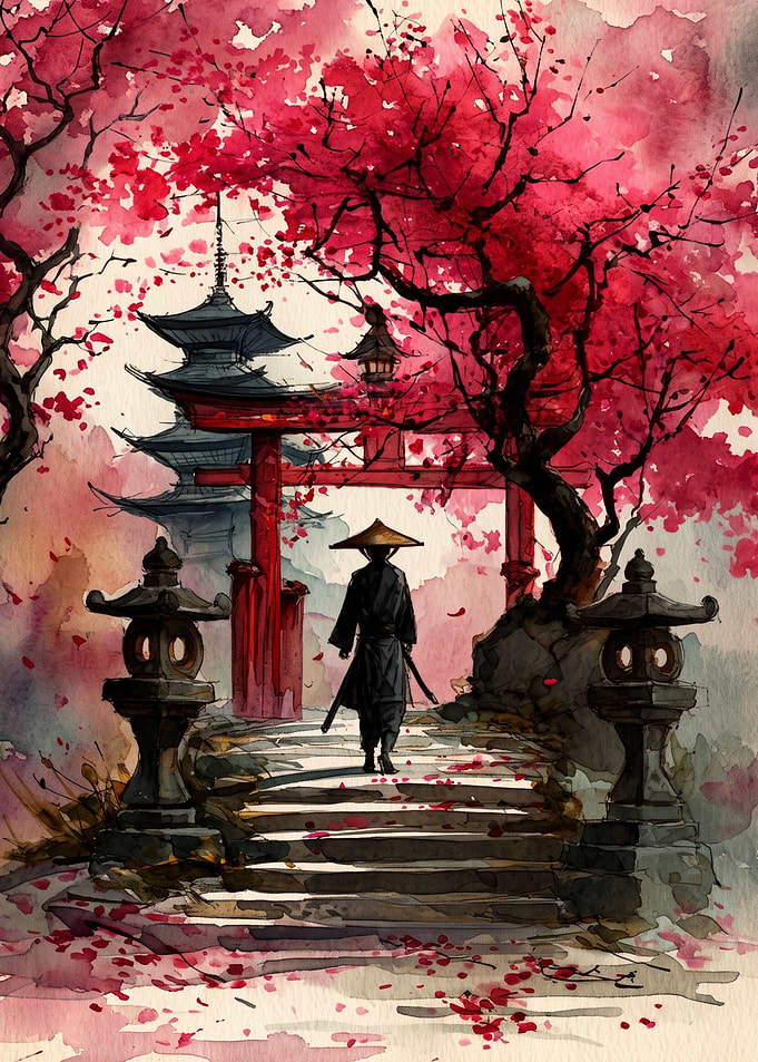 Samurai Walking Through Torii Gate