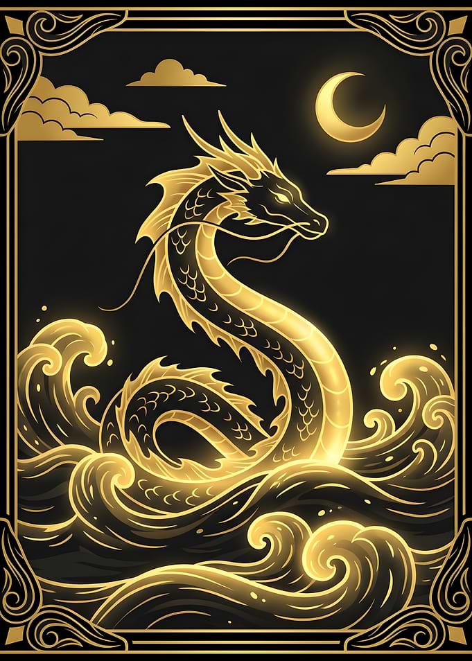 Golden Dragon Rising from Ocean Waves