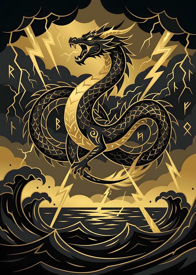 Golden Dragon Amidst Stormy Seas