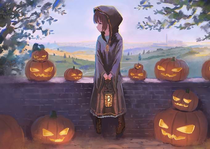Anime Girl with Halloween Lanterns