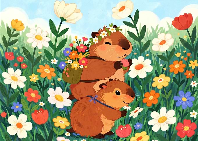 Two Cute Marmots in Flower Meadow