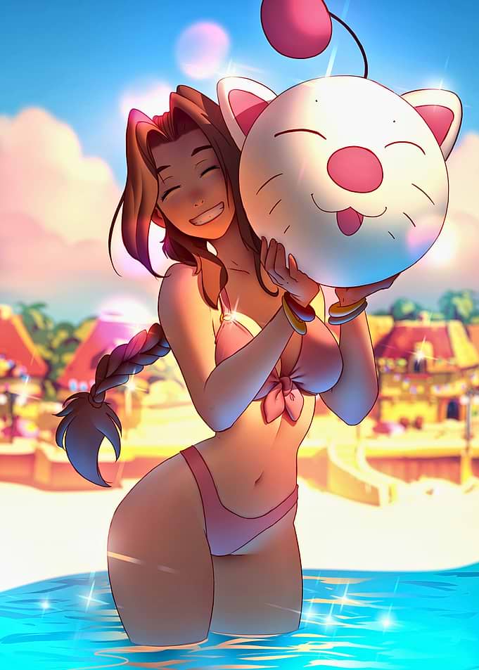 Aerith Gainsborough with Moogle at Beach