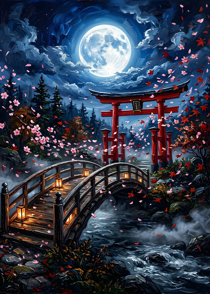 Moonlit Japanese Torii Gate Bridge