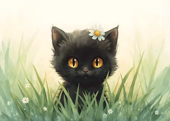 Cute Black Kitten in Daisy Field