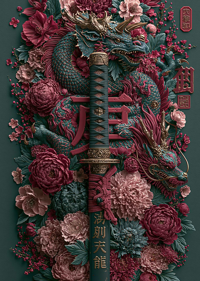 Dragon and Katana Floral Art