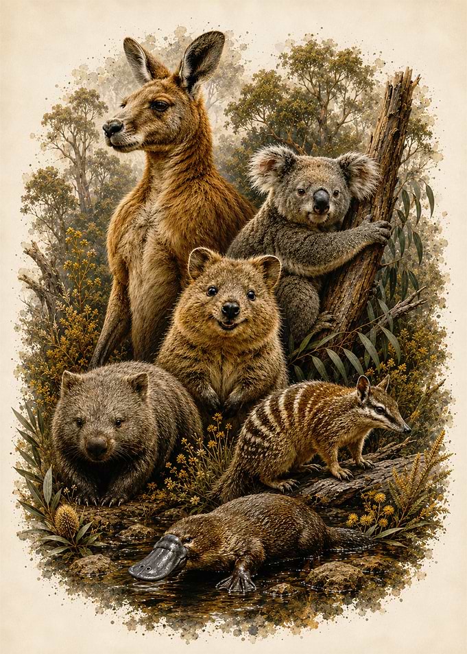 Australian Wildlife Watercolor Illustration
