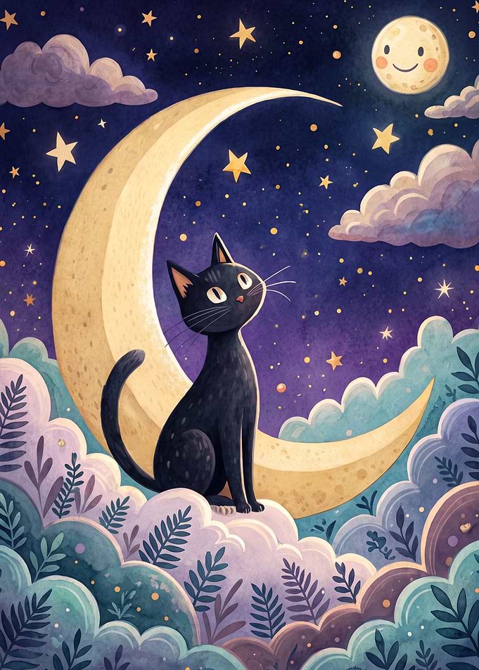 Black Cat Sitting on Crescent Moon