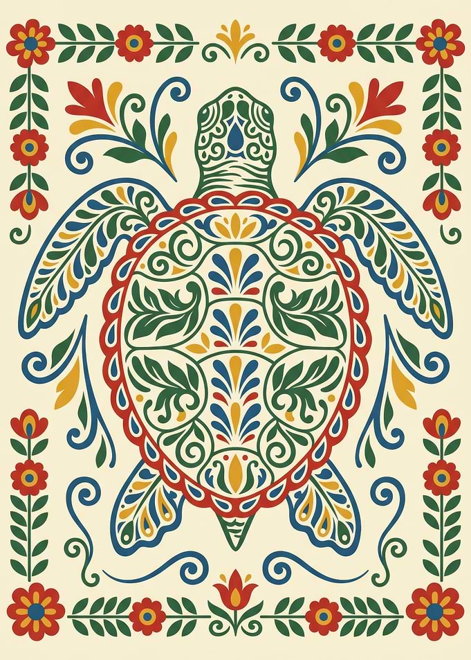 Traditional Nordic Kurbits Folk Art Turtle Illustration