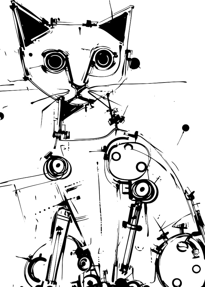Abstract Mechanical Cat Line Art