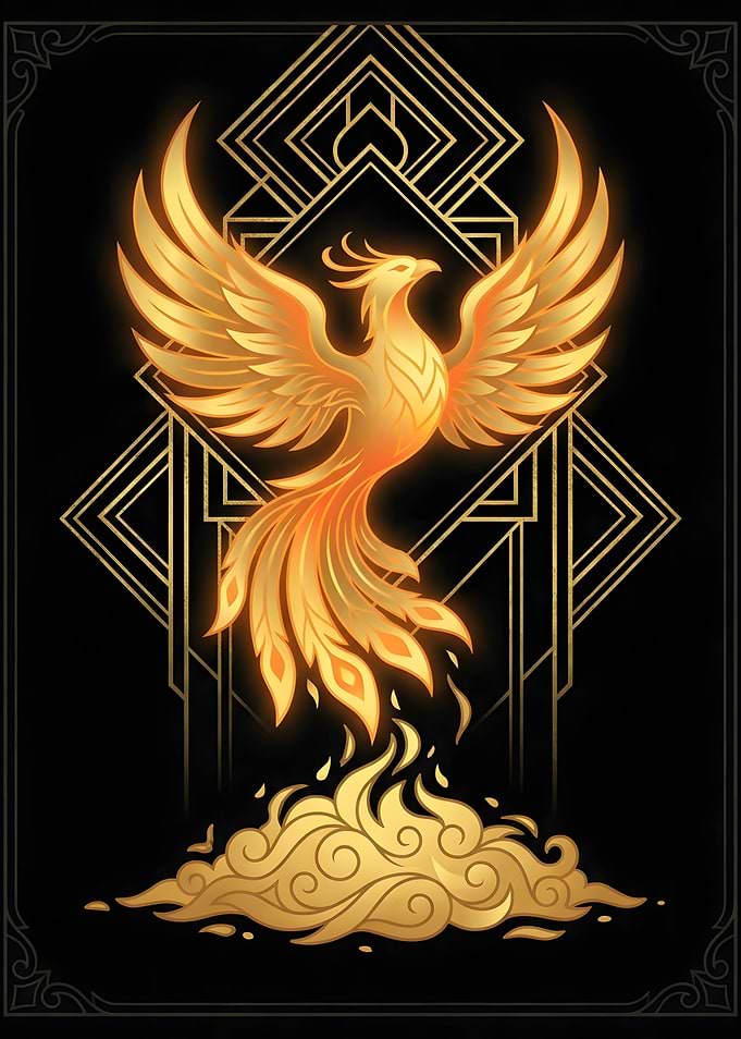 Golden Phoenix Rising from Fire