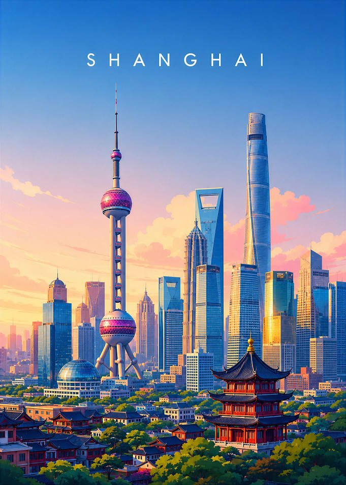 Shanghai Skyline Sunset Travel Poster
