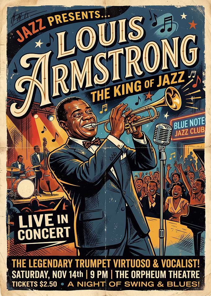 Louis Armstrong Vintage Jazz Concert Poster