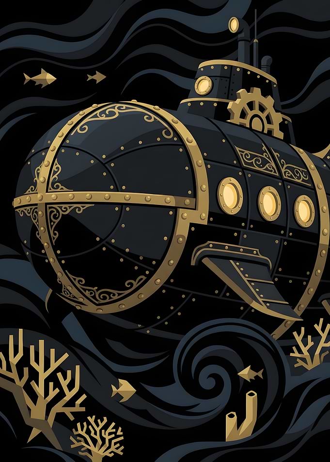 Steampunk Submarine Underwater Illustration