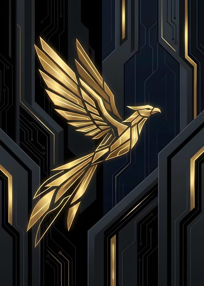 Golden Geometric Phoenix Cyberpunk Art