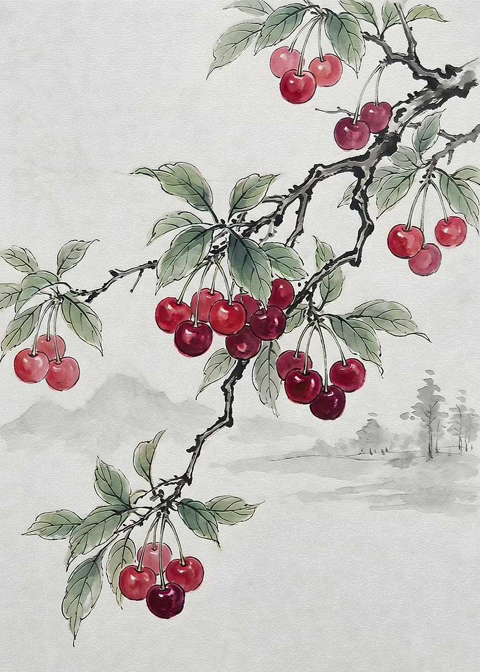 Traditional Ink Wash Cherry Painting
