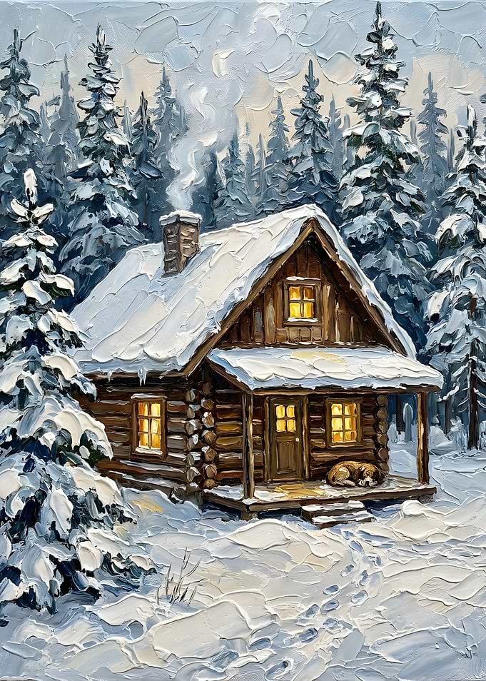Cozy Winter Cabin in Snowy Forest