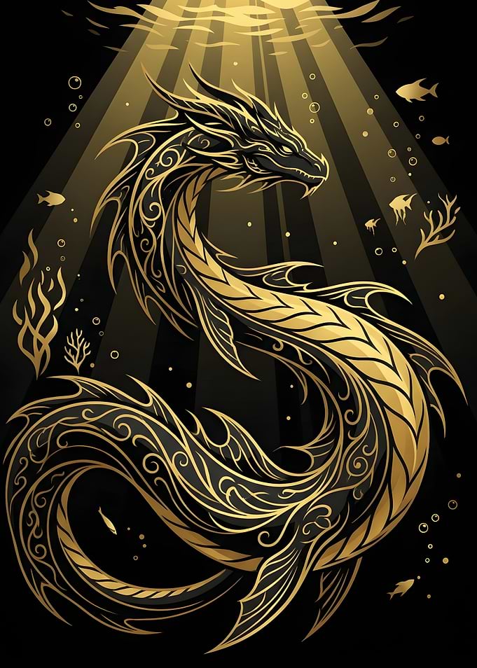 Golden Ornate Underwater Dragon Illustration