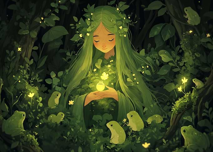 Forest Spirit with Glowing Frogs