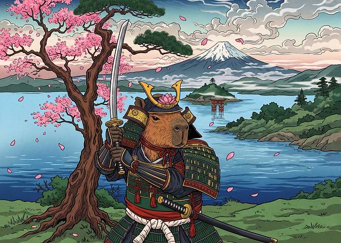 Capybara Samurai Warrior by Mount Fuji