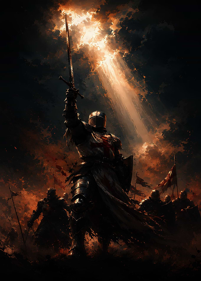 Crusader Knight Raising Sword in Battle