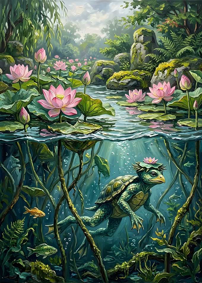 Kappa Creature Swimming in Lotus Pond
