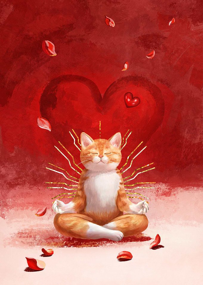 Meditating Ginger Cat with Heart