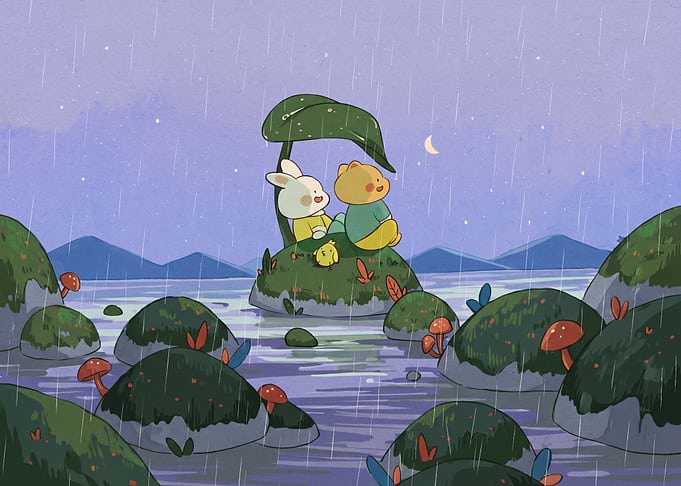 Cute friends sheltering from rain