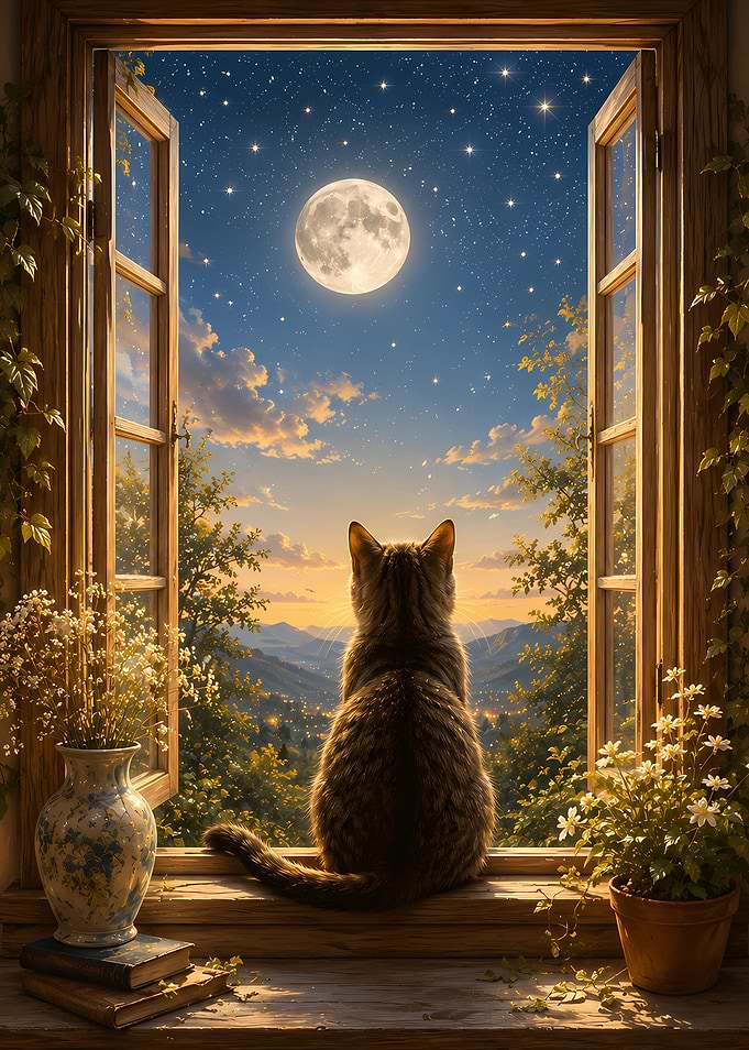 Cat Watching the Moon from Window