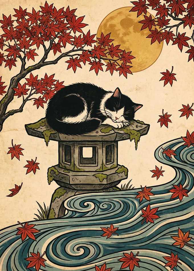 Sleeping Cat on Japanese Stone Lantern