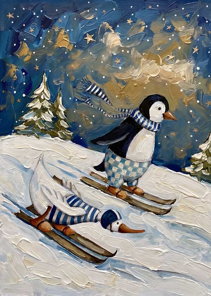 Whimsical Penguin and Duck Skiing