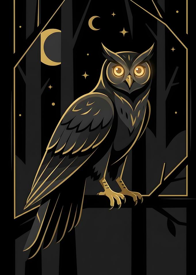 Stylized Golden Owl in Night Forest
