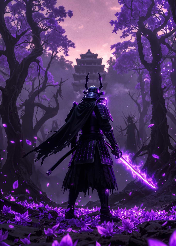 Samurai Warrior in Purple Forest