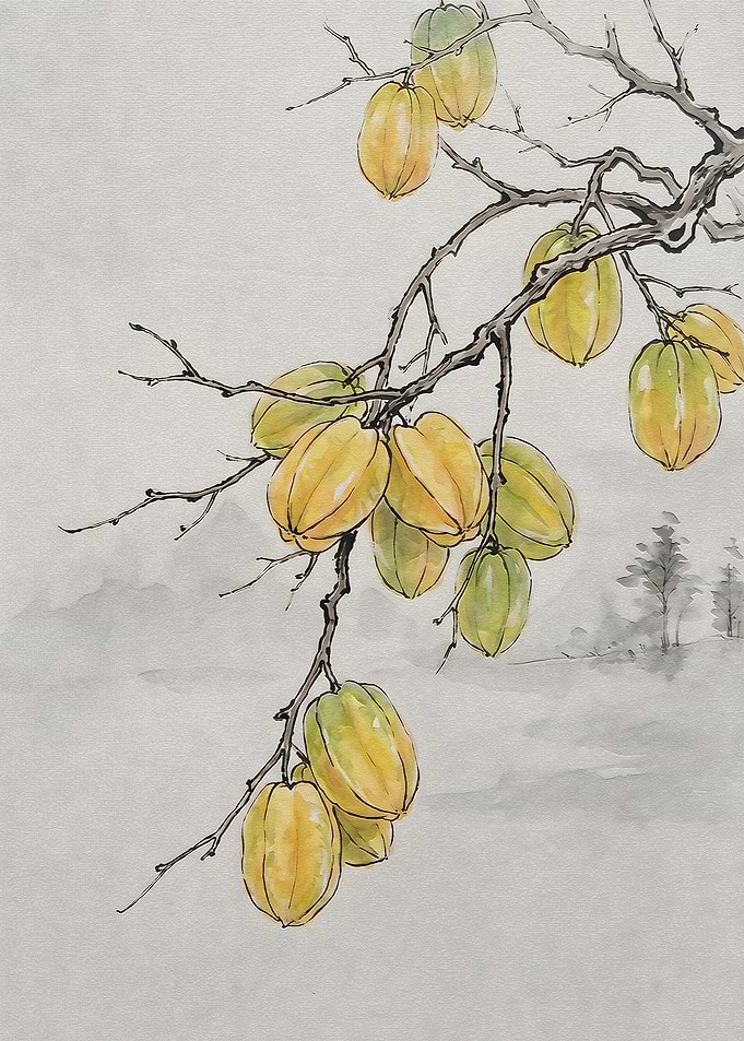 Traditional Ink Wash Painting of Starfruit