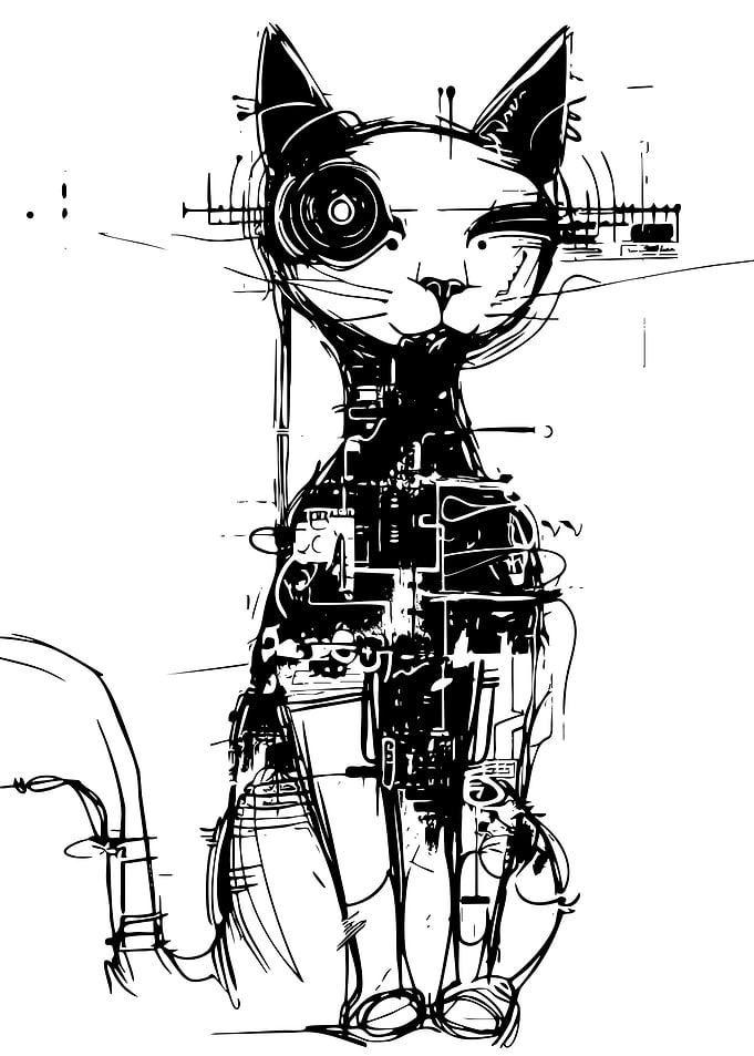 Abstract Cybernetic Cat Line Art