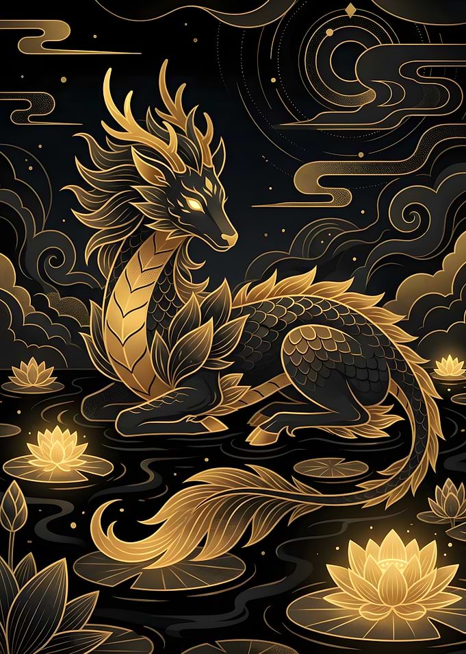 Golden Dragon in Lotus Pond