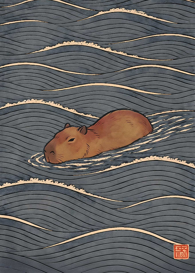 Capybara Swimming in Ukiyo-e Style